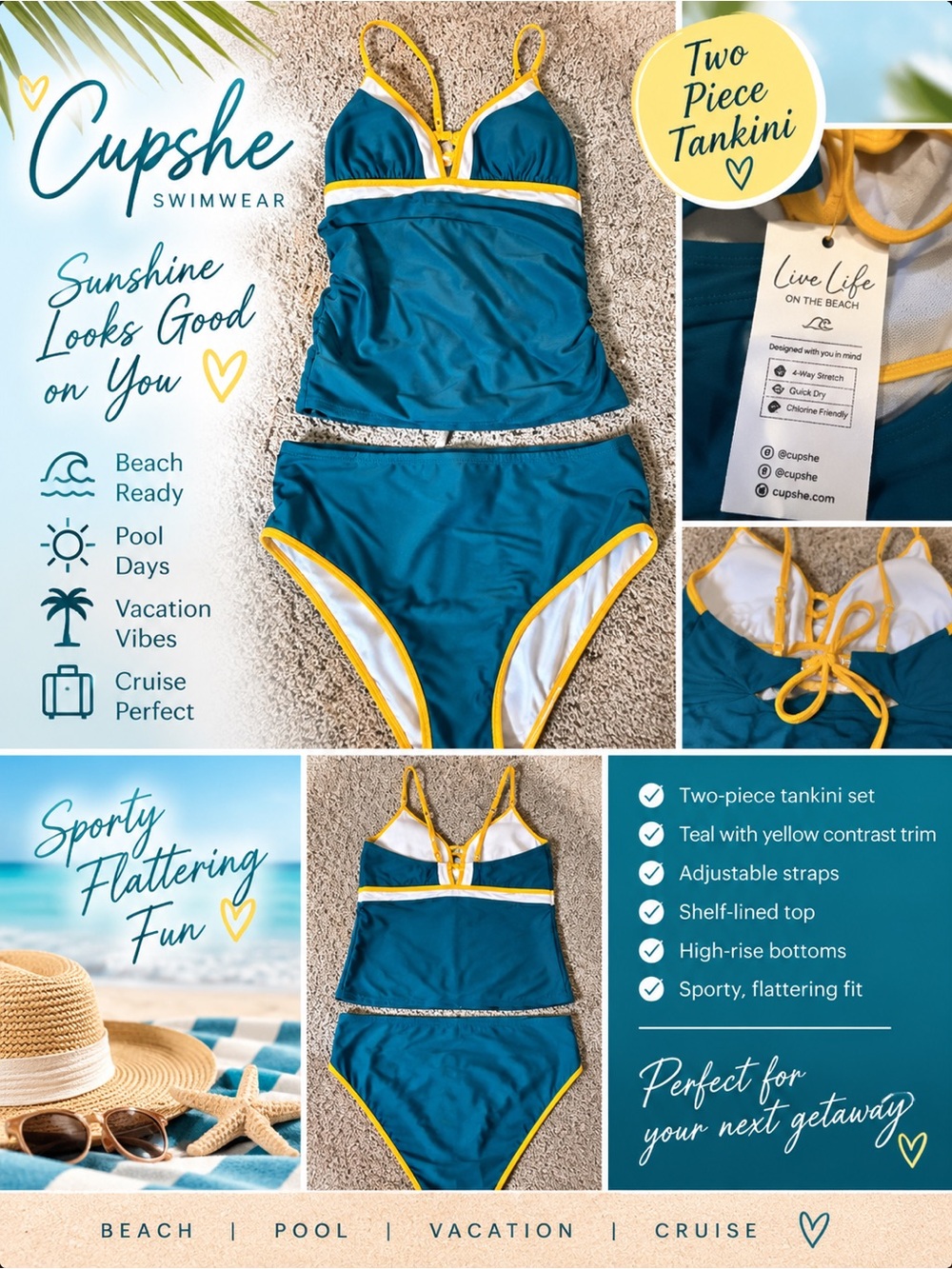 Cupshe Teal Sporty Tankini Two Piece High Waist Swimsuit Large